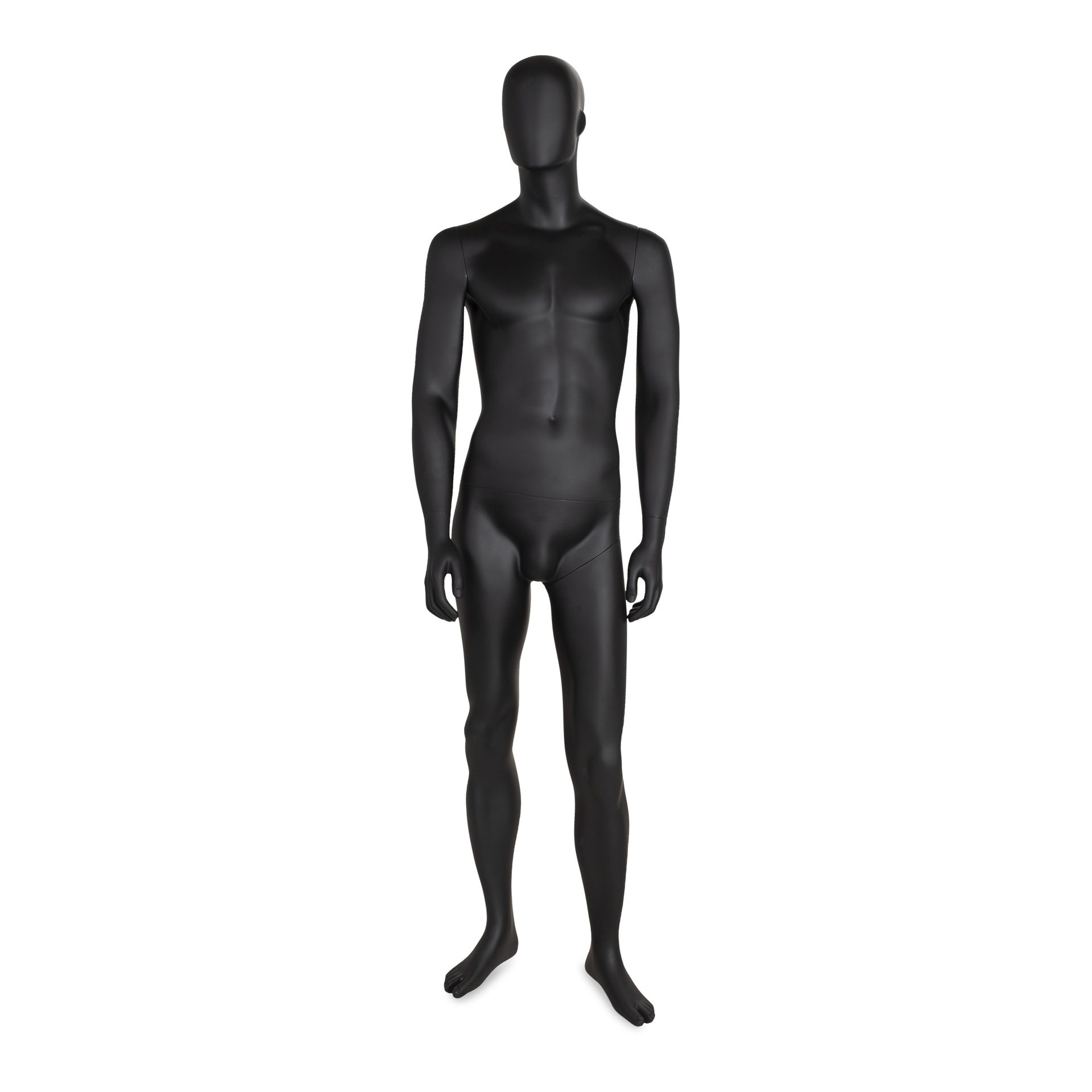 BINK - Schwarze Herren Schaufensterpuppe, mit abstraktem Kopf, runde Glasplatte, Pose 31