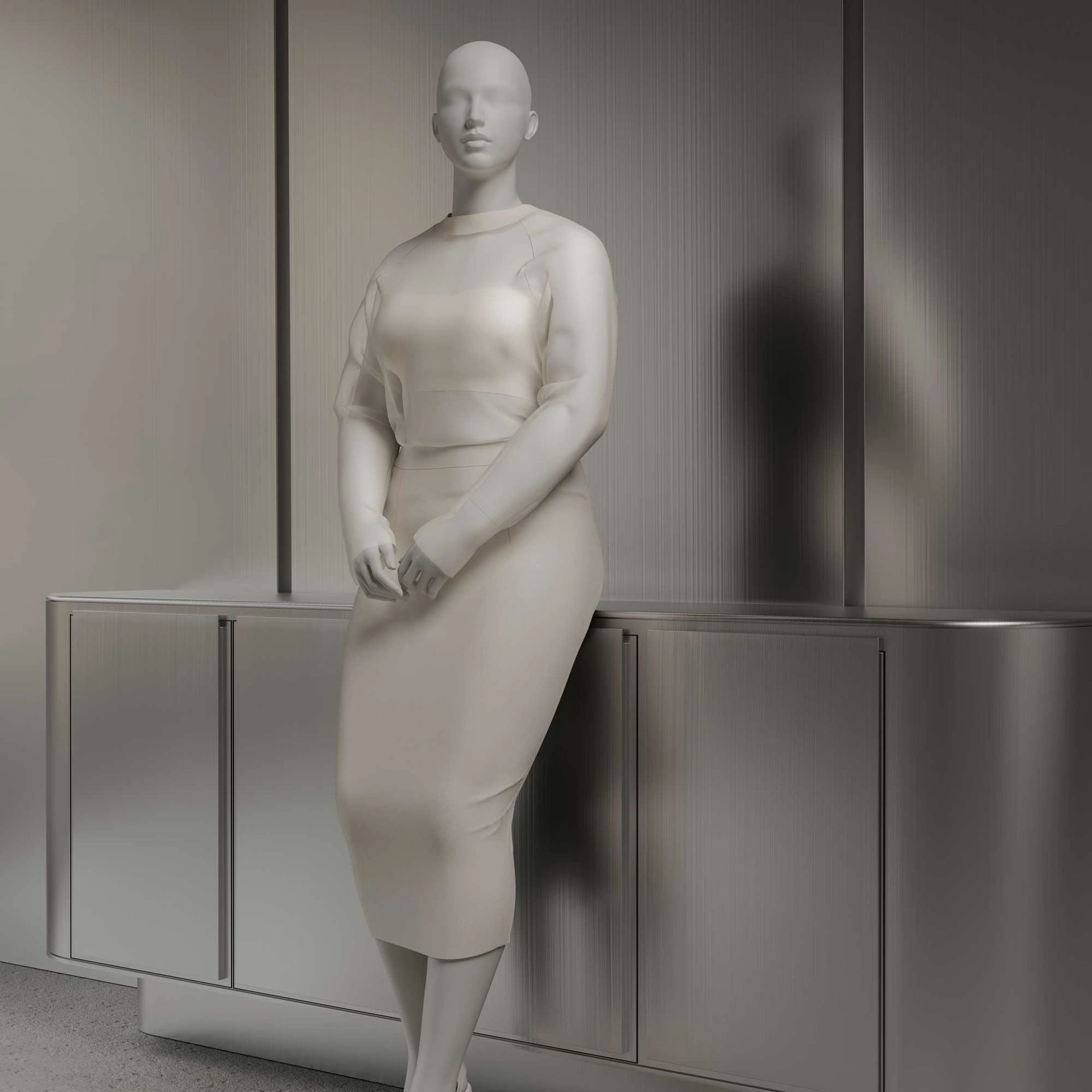 Plus size Schaufensterpuppe Dame, halbabstrakter Kopf, Kleidergröße 44EU, weiß matt, stehende Pose 02