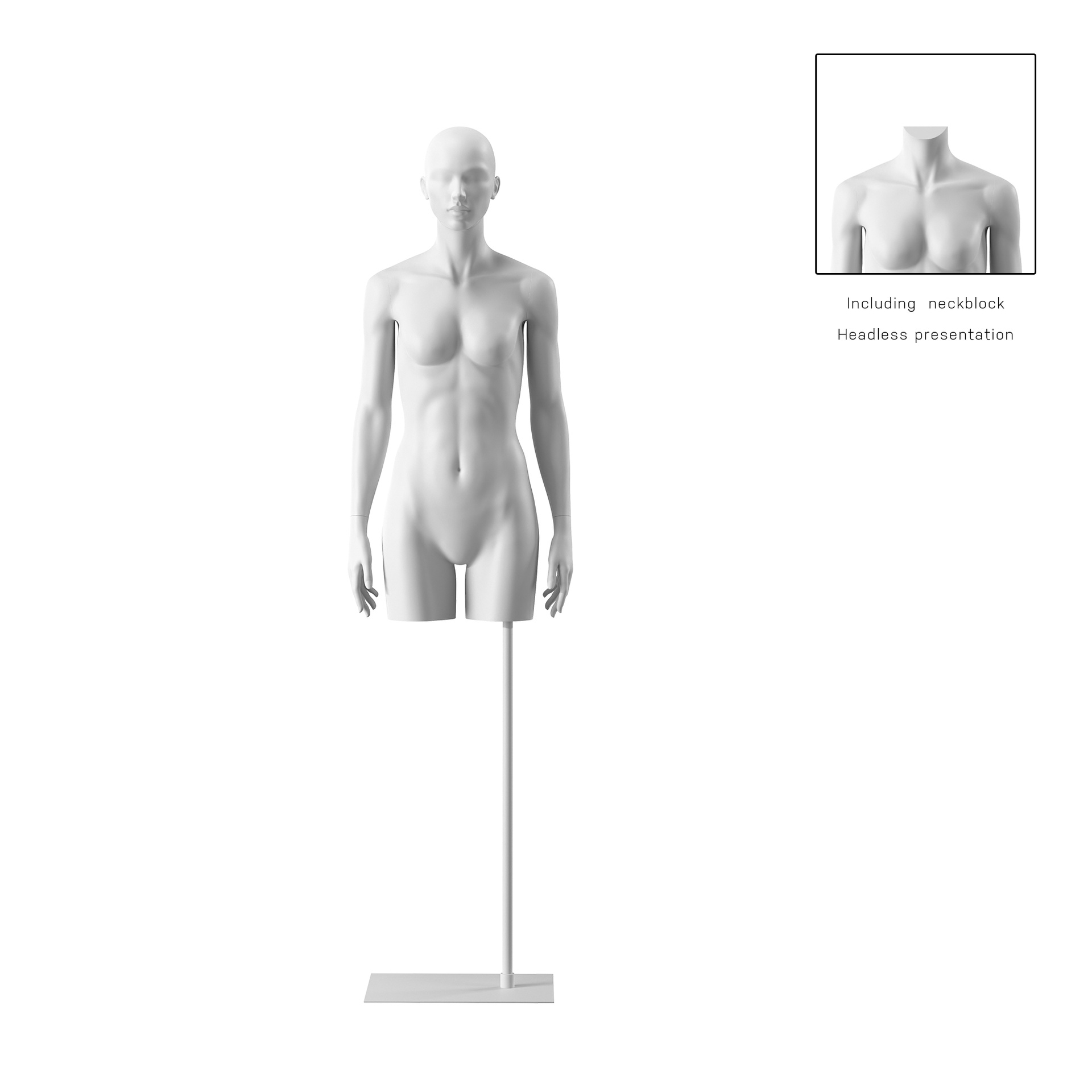 BINK - Torse sur socle, avec bras, femme, blanc, tête abstraite, socle long blanc, pose 001