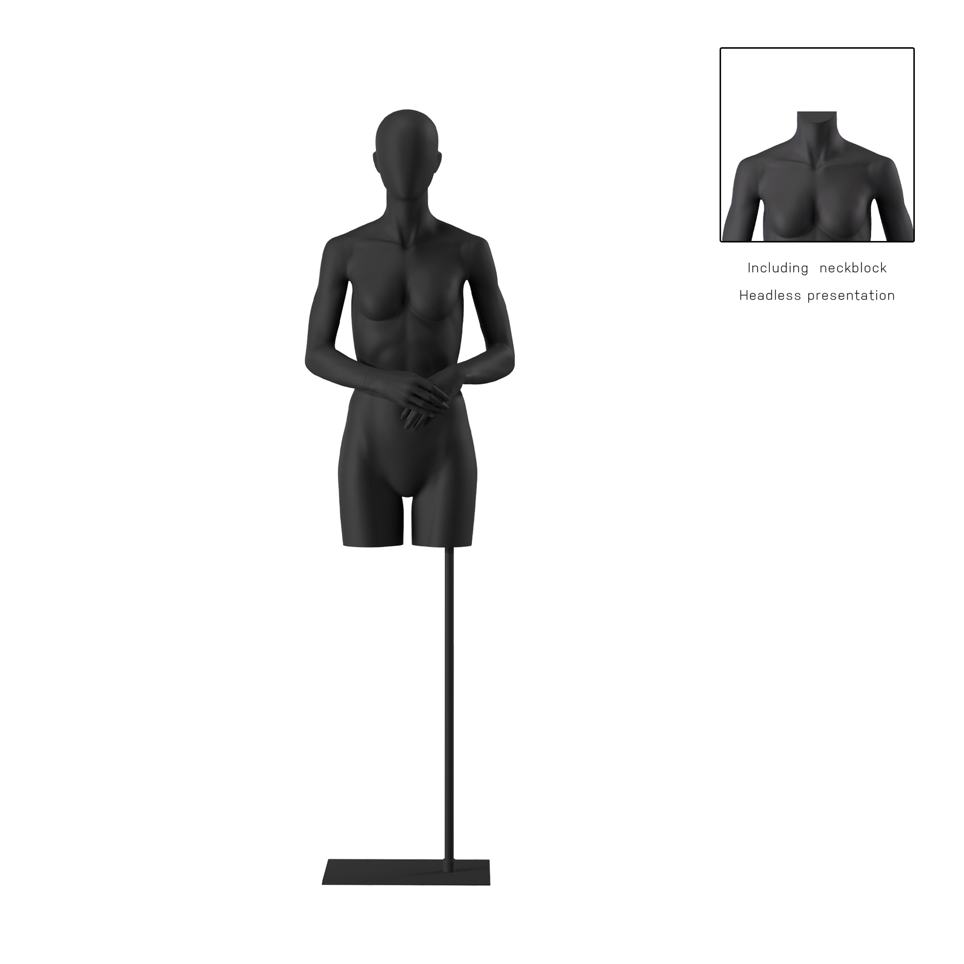 BINK - Torse sur socle, avec bras, femme, noir, tête abstraite, socle long noir, pose 002