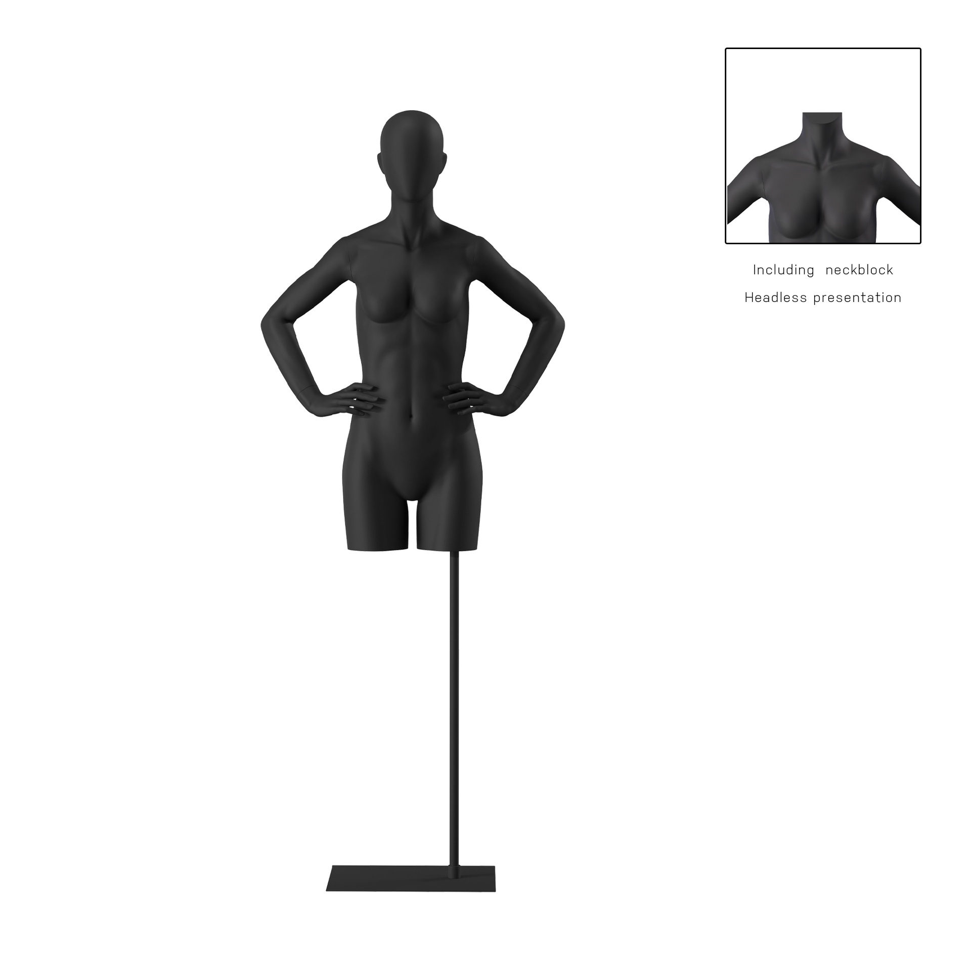 BINK - Torse sur socle, avec bras, femme, noir, tête abstraite, socle long noir, pose 003