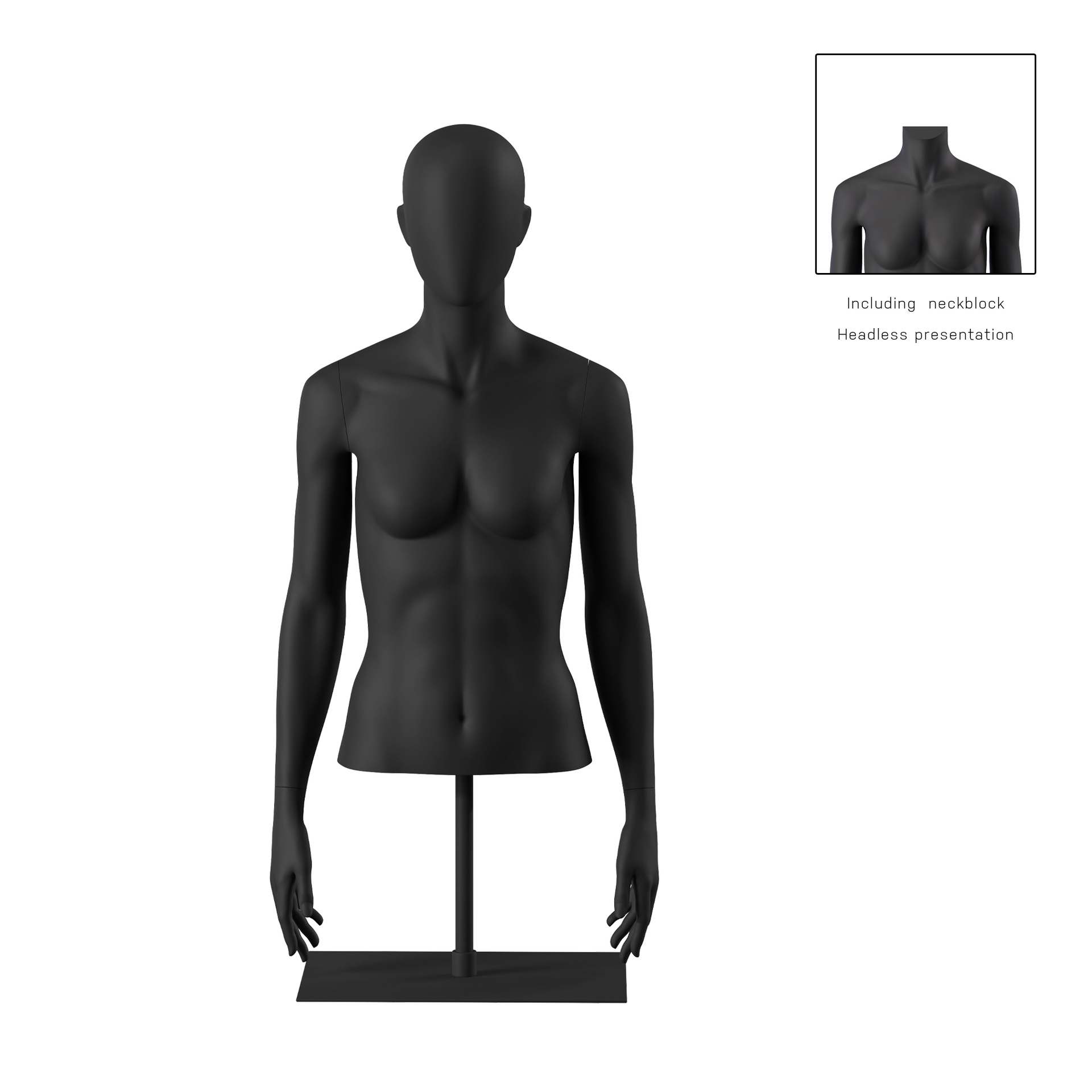 BINK - Buste sur socle, avec bras, femme noir tête abstraite, socle long noir, pose 051