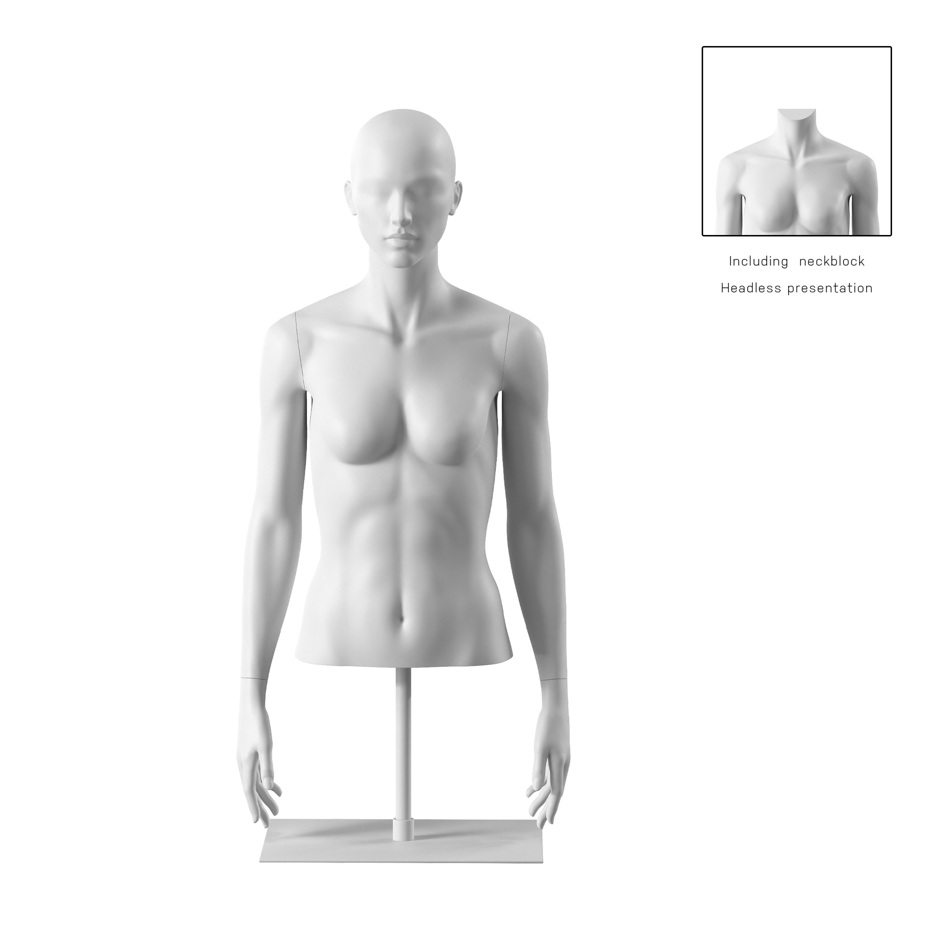 BINK - Buste sur socle, avec bras, femme, blanc, tête abstraite, socle long blanc, pose 051