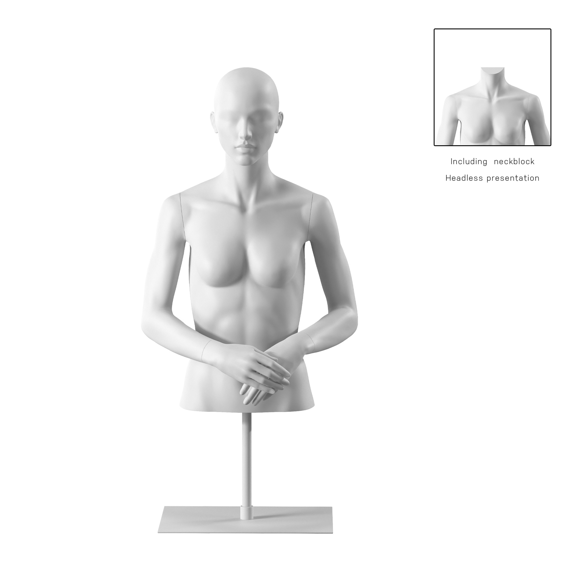 BINK - Buste sur socle, avec bras, femme, blanc, tête abstraite, socle long blanc, pose 052