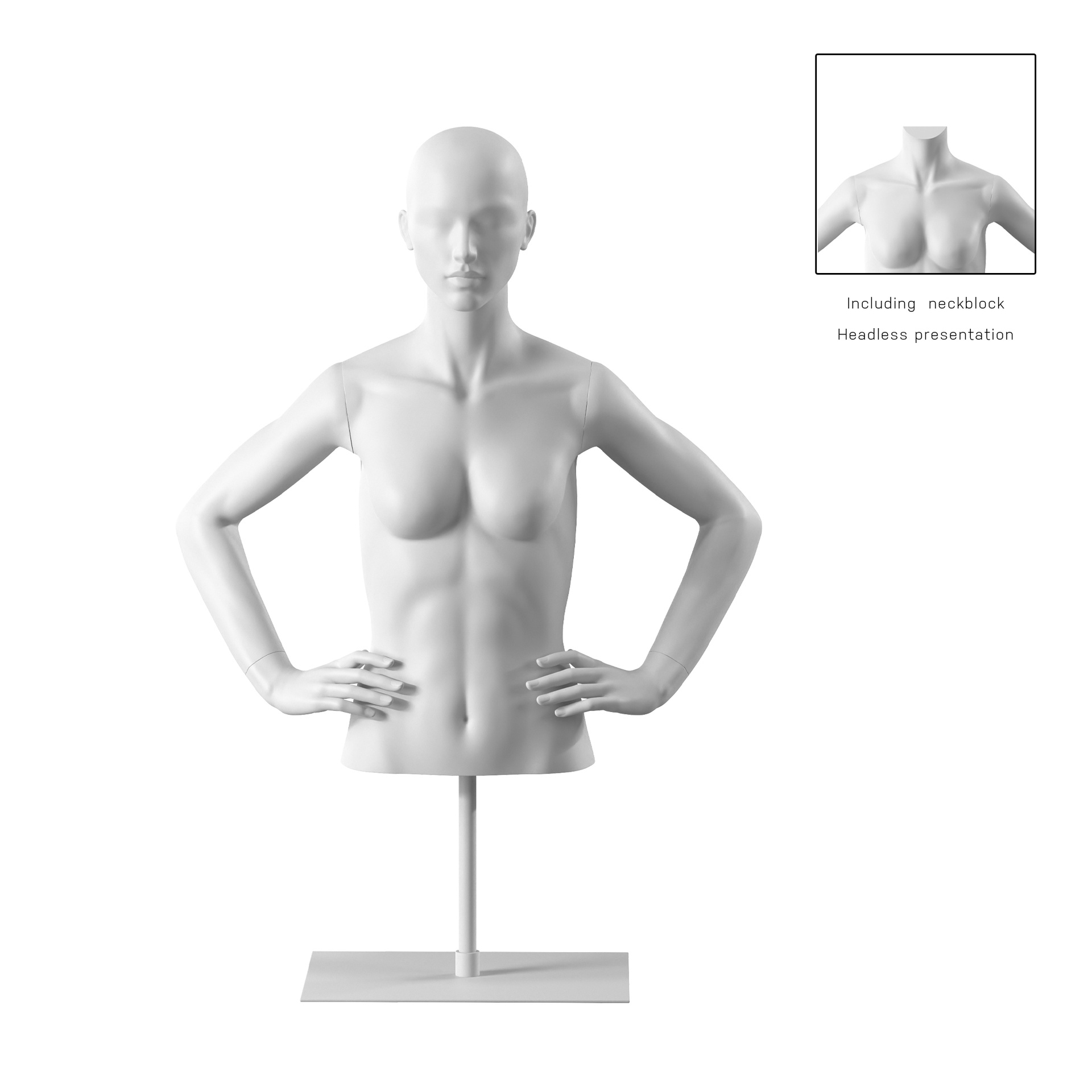 BINK - Buste sur socle, avec bras, femme, blanc, tête abstraite, socle long blanc, pose 053
