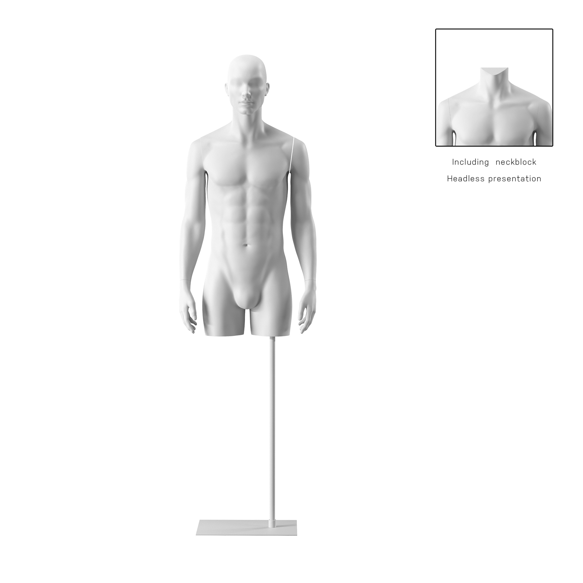 BINK - Torse sur socle, avec bras, homme blanc, tête abstraite, socle long blanc, pose 101