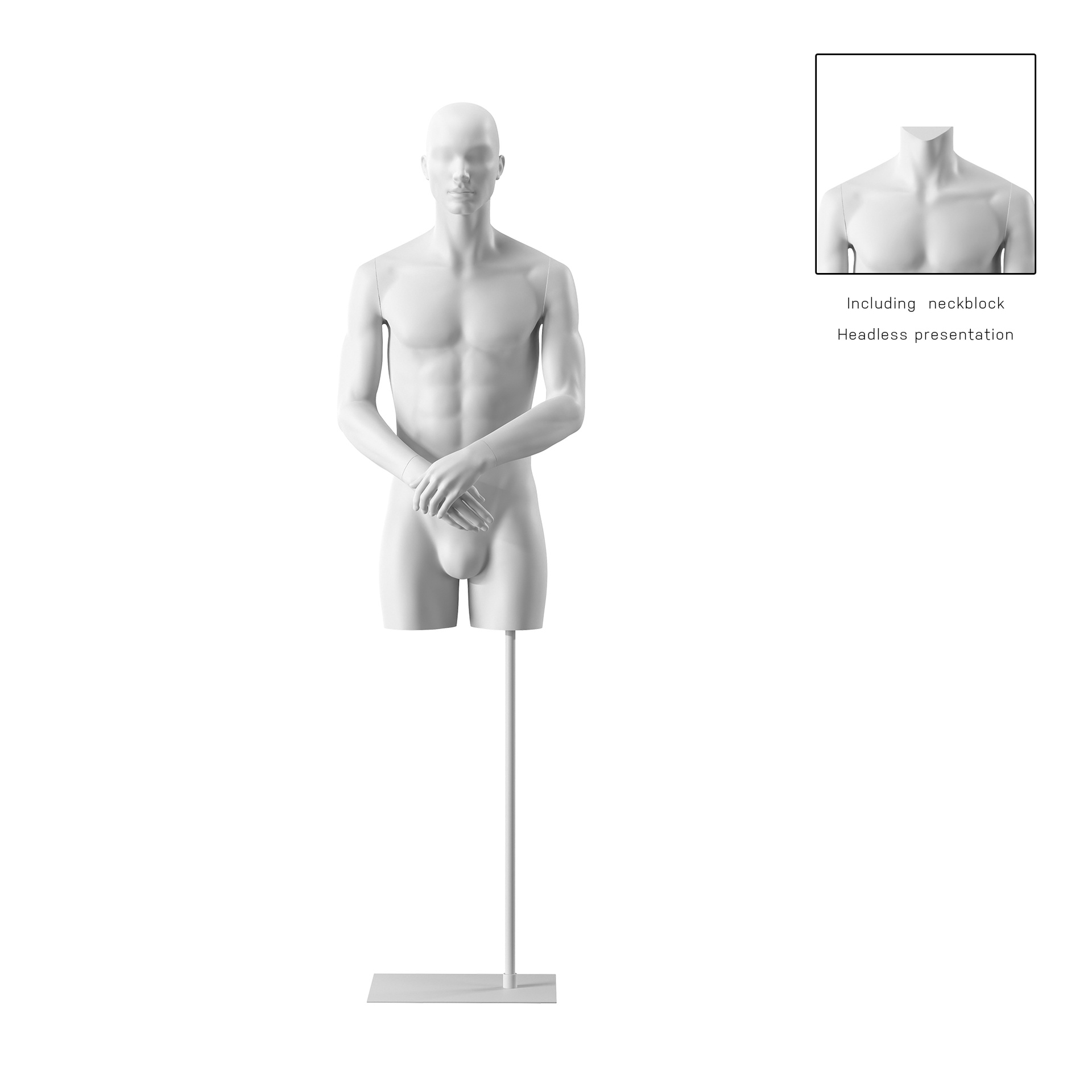 BINK - Torse sur socle, avec bras, homme blanc, tête abstraite, socle long blanc, pose 102
