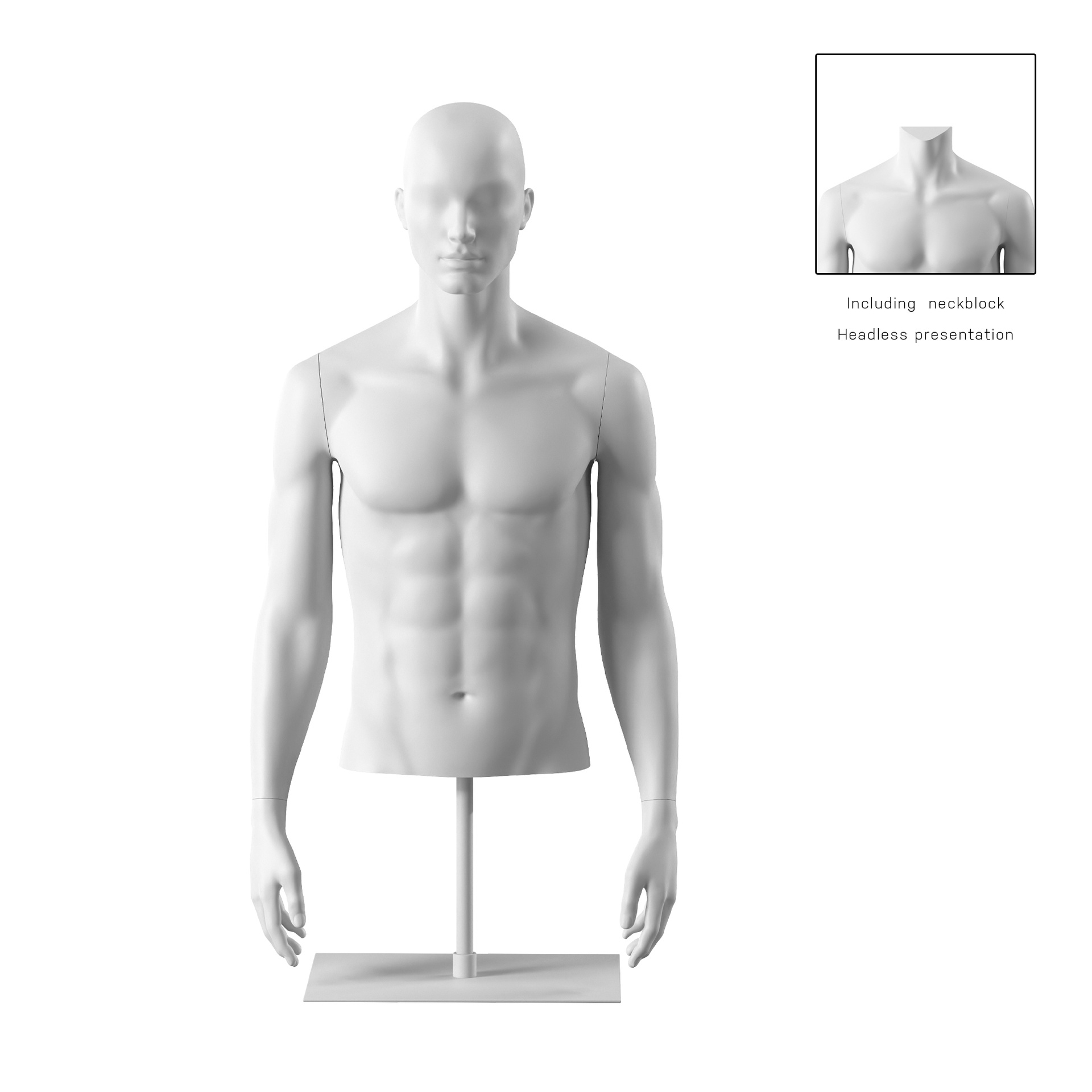 BINK - Buste sur socle, avec bras, homme, blanc, tête abstraite, socle long blanc, pose 151