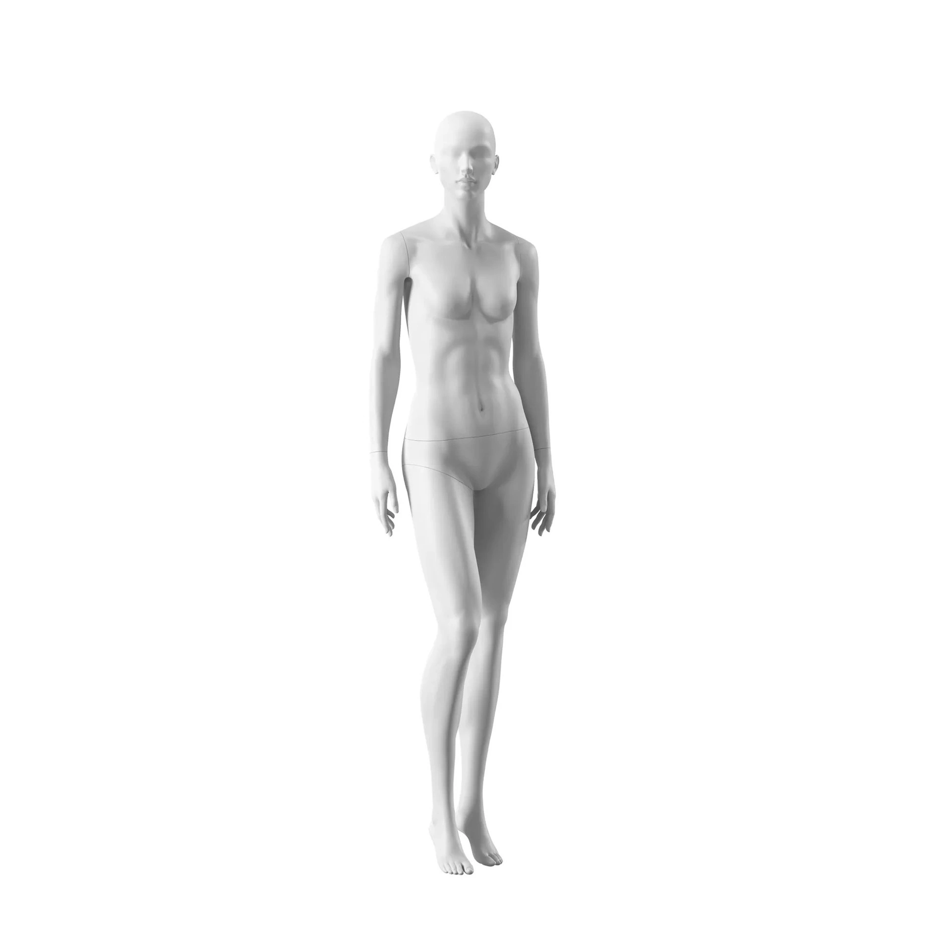 BINK - White female mannequin, abstract head with nose and mouth, round glass base, pose 002