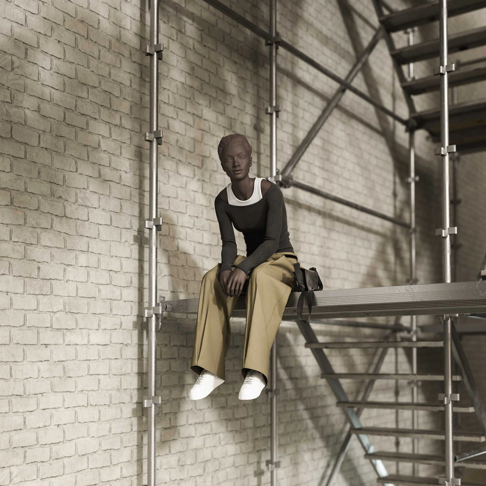 Realistische damesetalagepop, urban stijl, wit mat, zittende pose 001