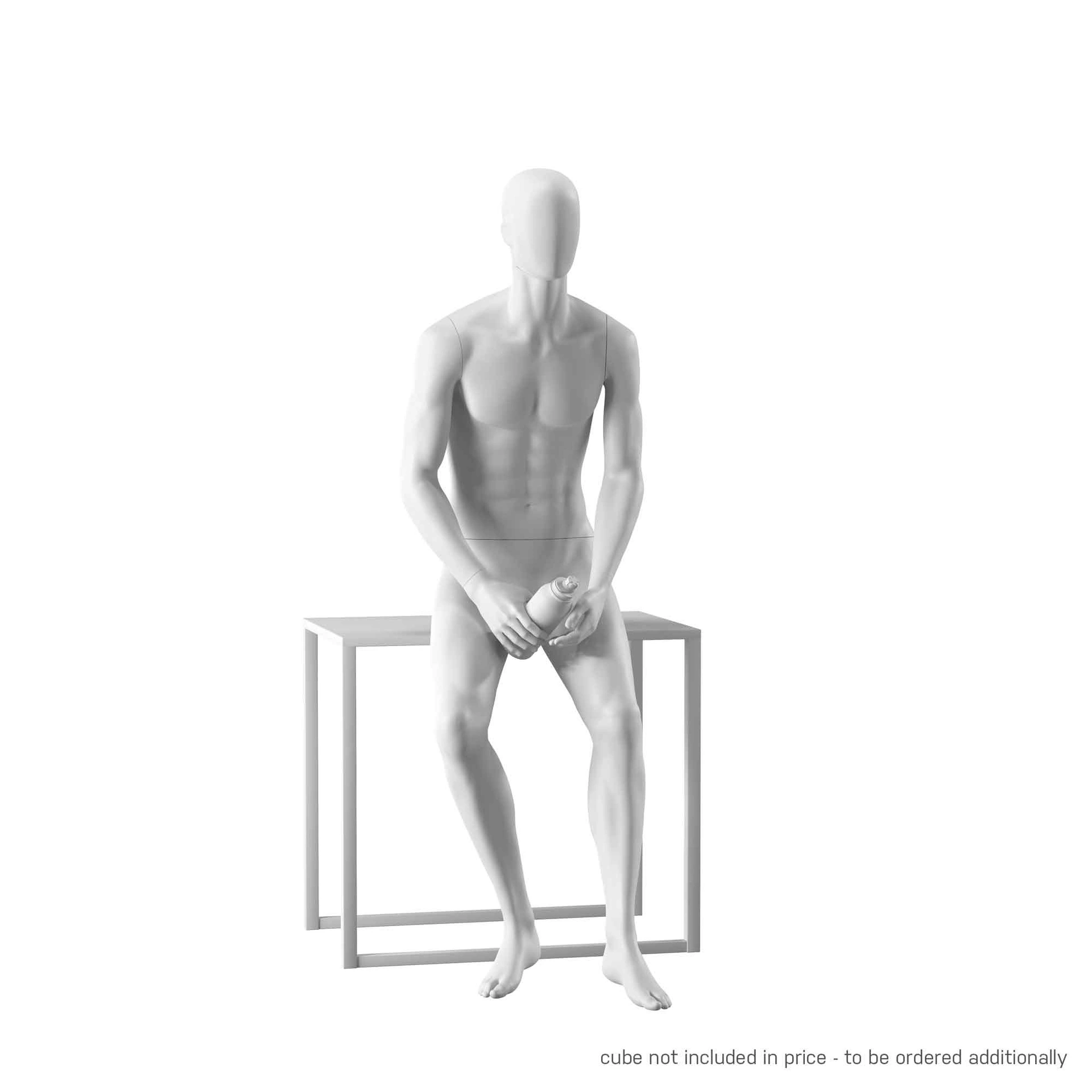 Maniquí realista de color blanco hombre, estilo urbano, cabeza abstracta, postura sentada 307