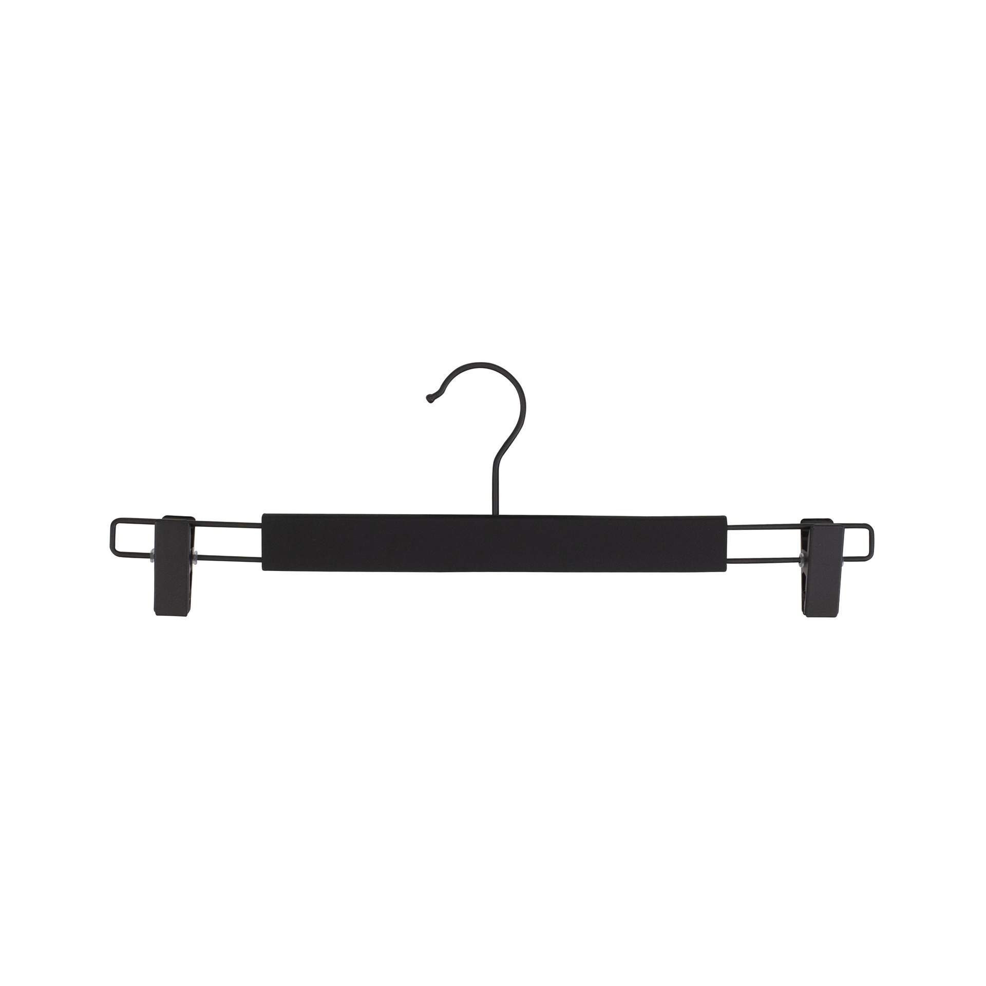 BINK - Schwarzer Soft-Touch-Kleiderbügel mit Clips für Hosen/Röcke, 38 cm Breite, schwarzer Haken – Karton mit 100 Stück