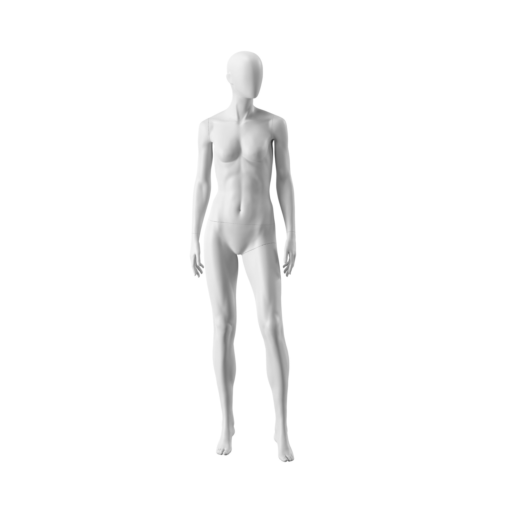 Maniquí femenino abstracto blanco, con cabeza abstracta, base de metal con acabado en polvo blanco, postura FM005