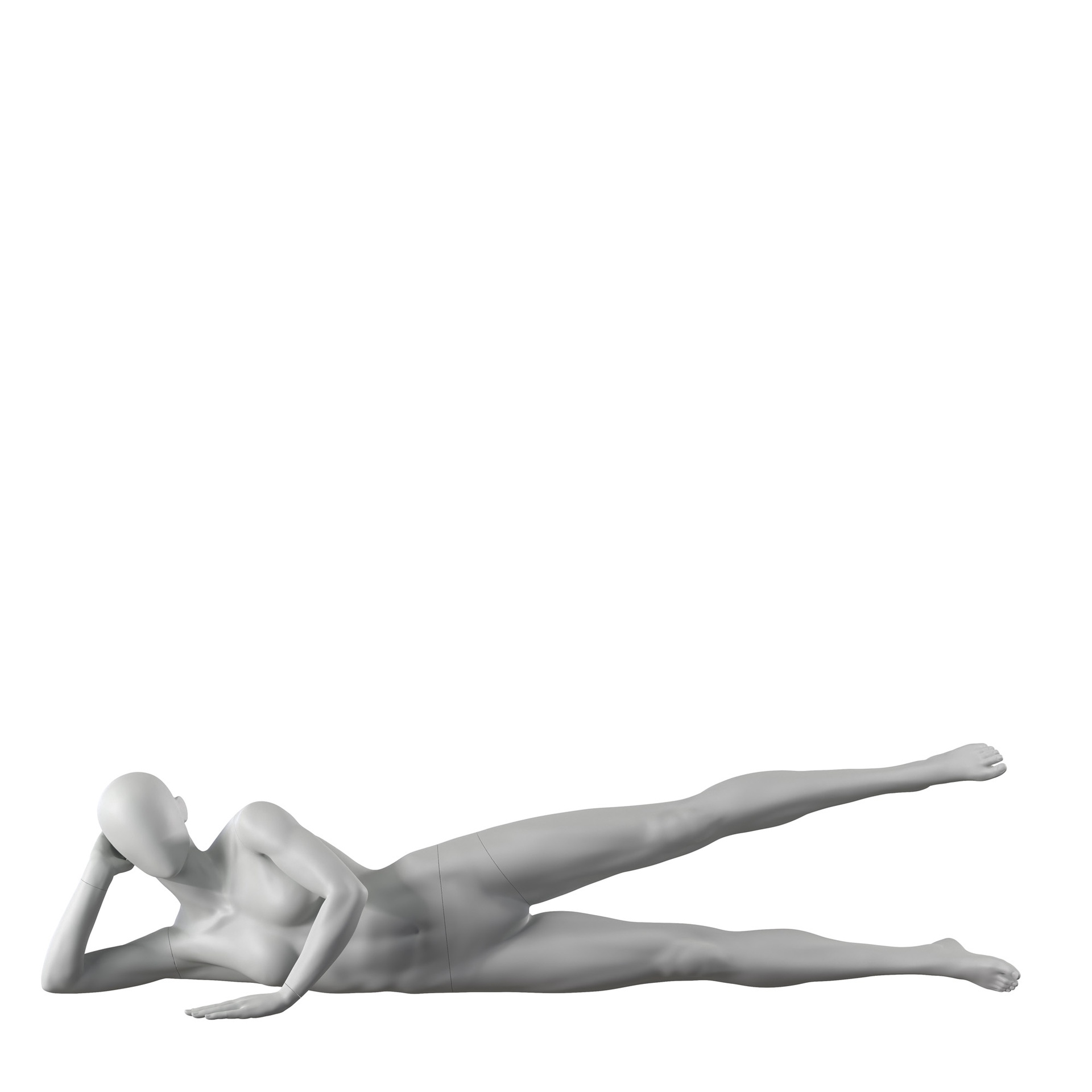 BINK - Trainierte Schaufensterpuppe Dame, grau, abstrakter Kopf, liegende Pose 08