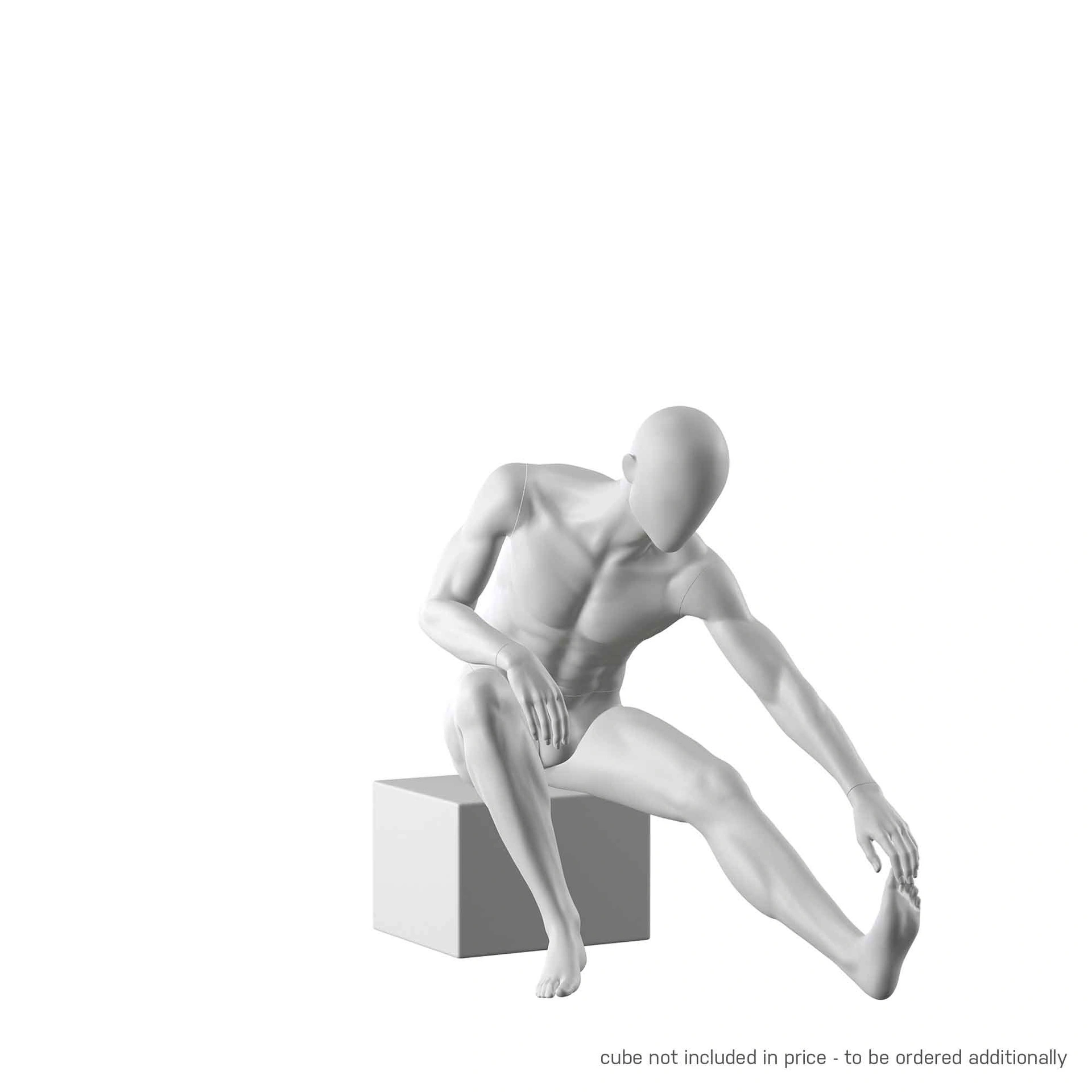 Stretching sport mannequin, male, grey, abstract head, seated pose 321