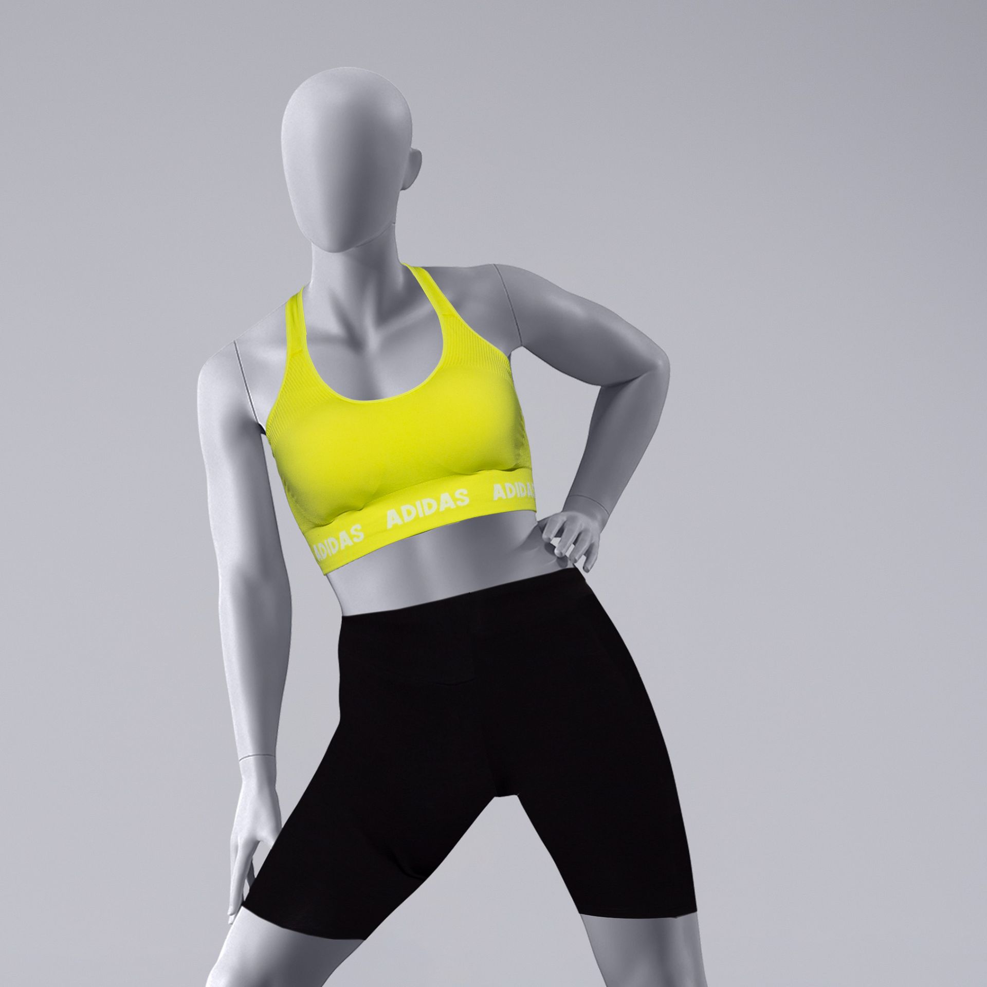 Stretching volslanke sport dames mannequin, grijs, abstract hoofd, staande pose 31