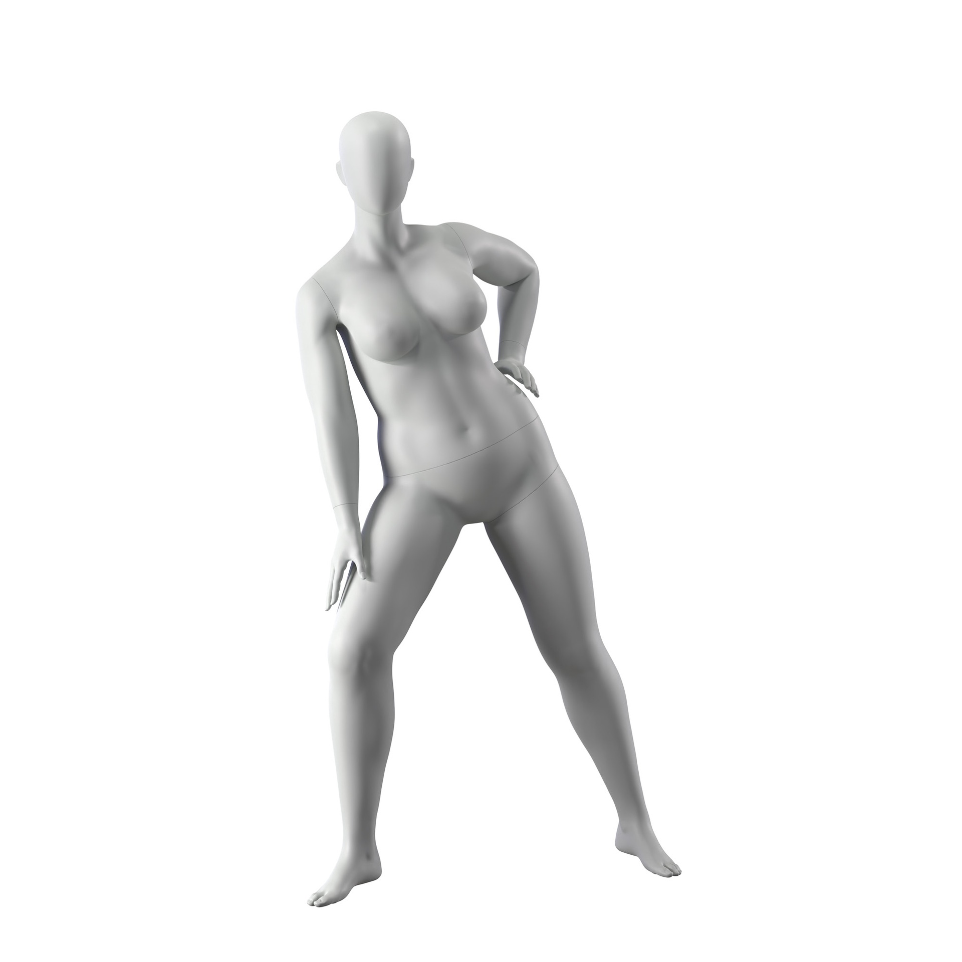 Maniquí de deporte talla grande estirando, mujer, gris, cabeza abstracta, postura de pie 31