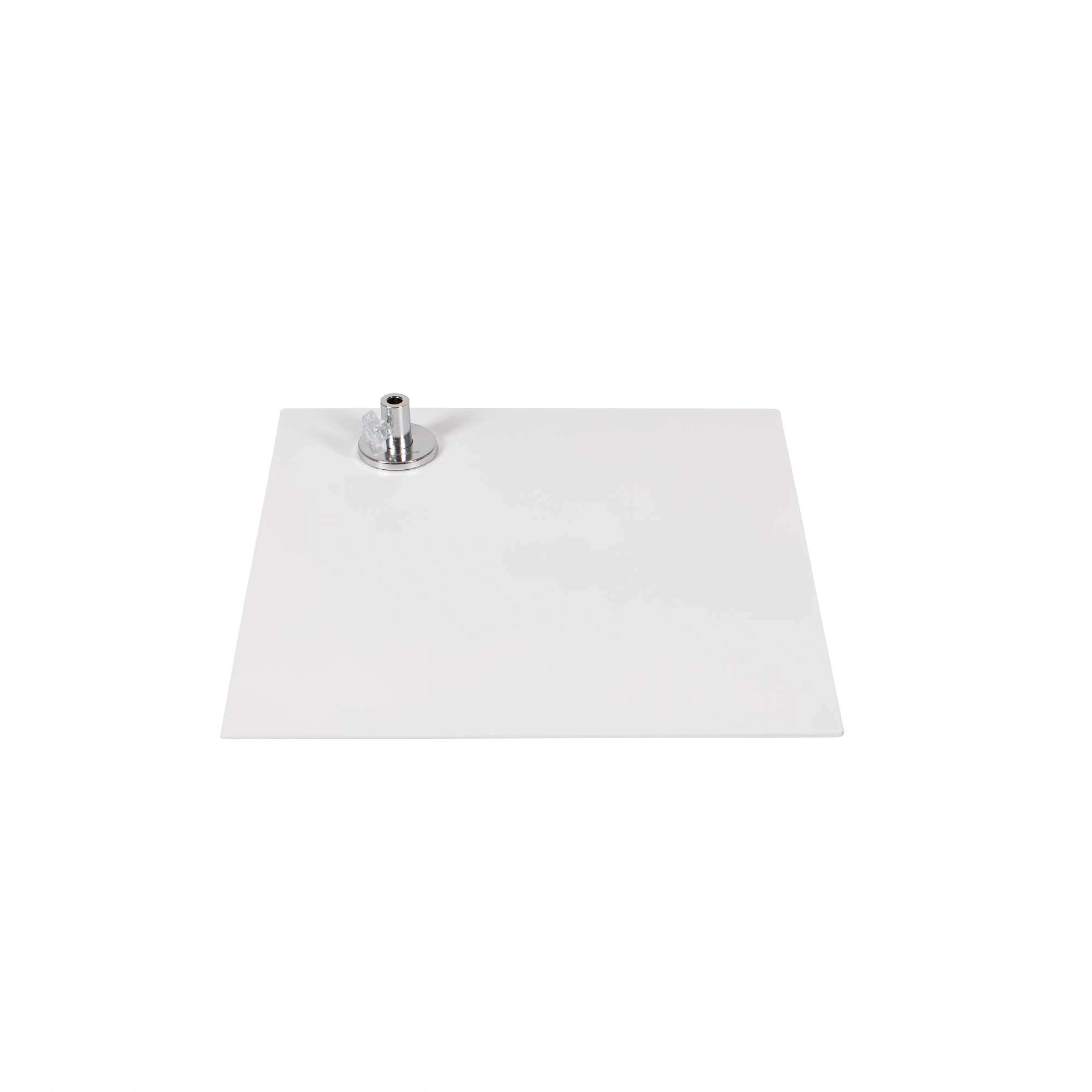 Square base 30x30 cm, white powdercoated steel, calf connector included, 8x5.5 cm