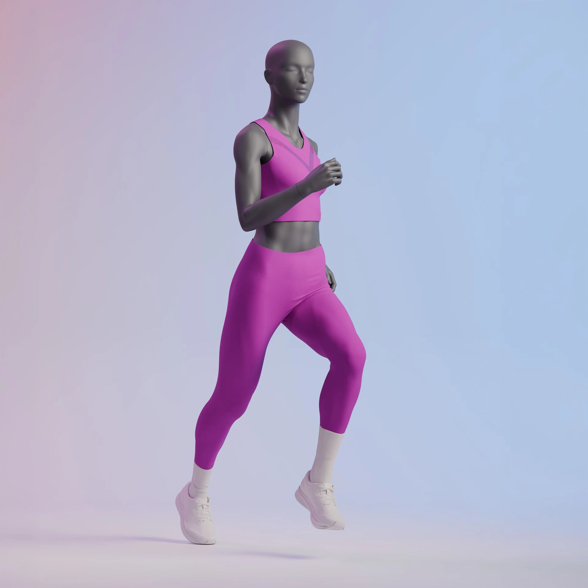BINK - Maniquí de deporte corriendo, mujer, gris grafito, cabeza estilizada, postura de pie 04