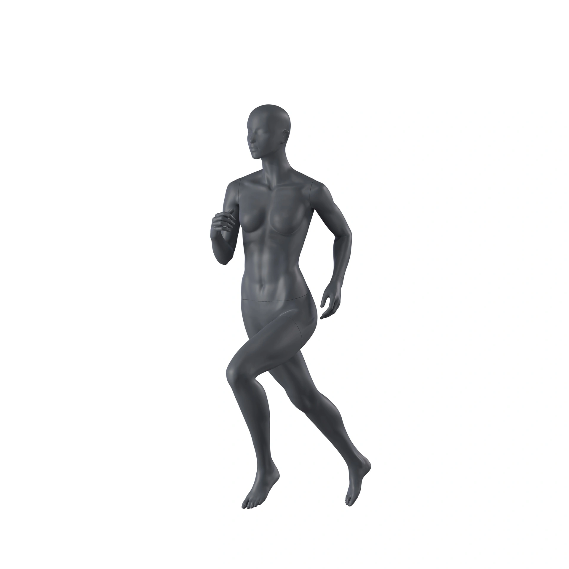 BINK - Maniquí de deporte corriendo, mujer, gris grafito, cabeza estilizada, postura de pie 04