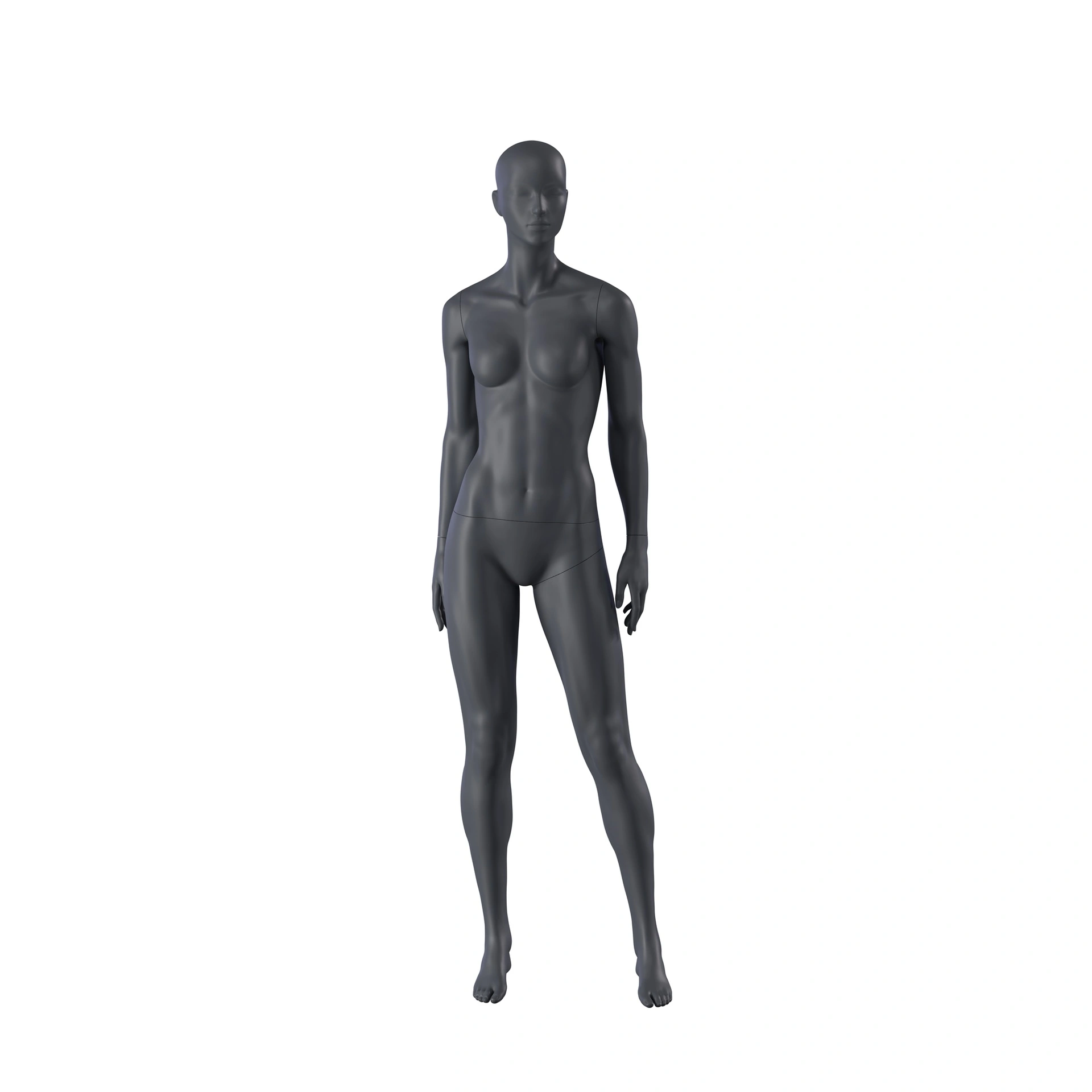Maniquí de deporte mujer, gris grafito, cabeza estilizada, postura de pie 27
