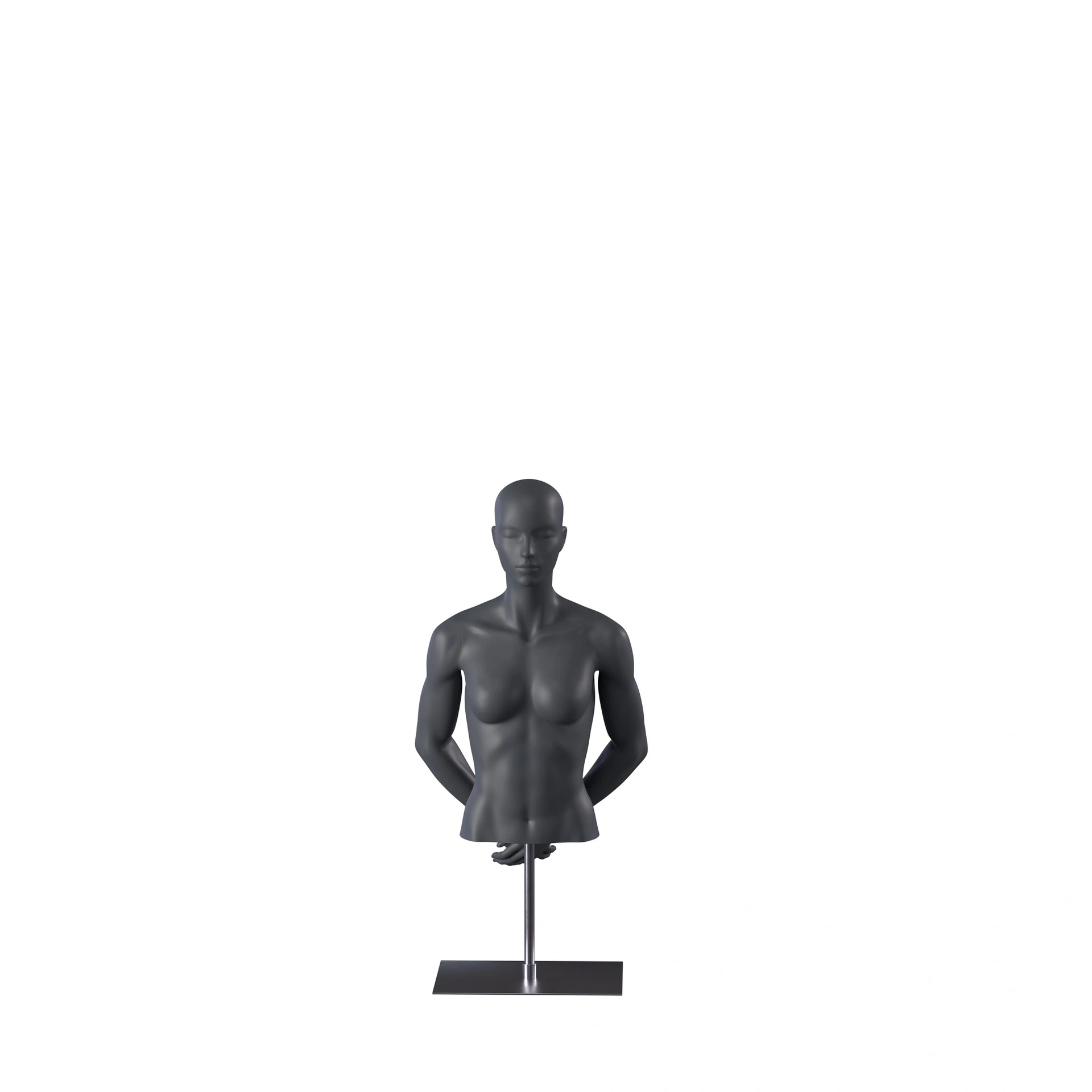 Sport damesbuste zonder benen, grafiet grijs, metalen sokkel, gestilleerd hoofd, pose 252 