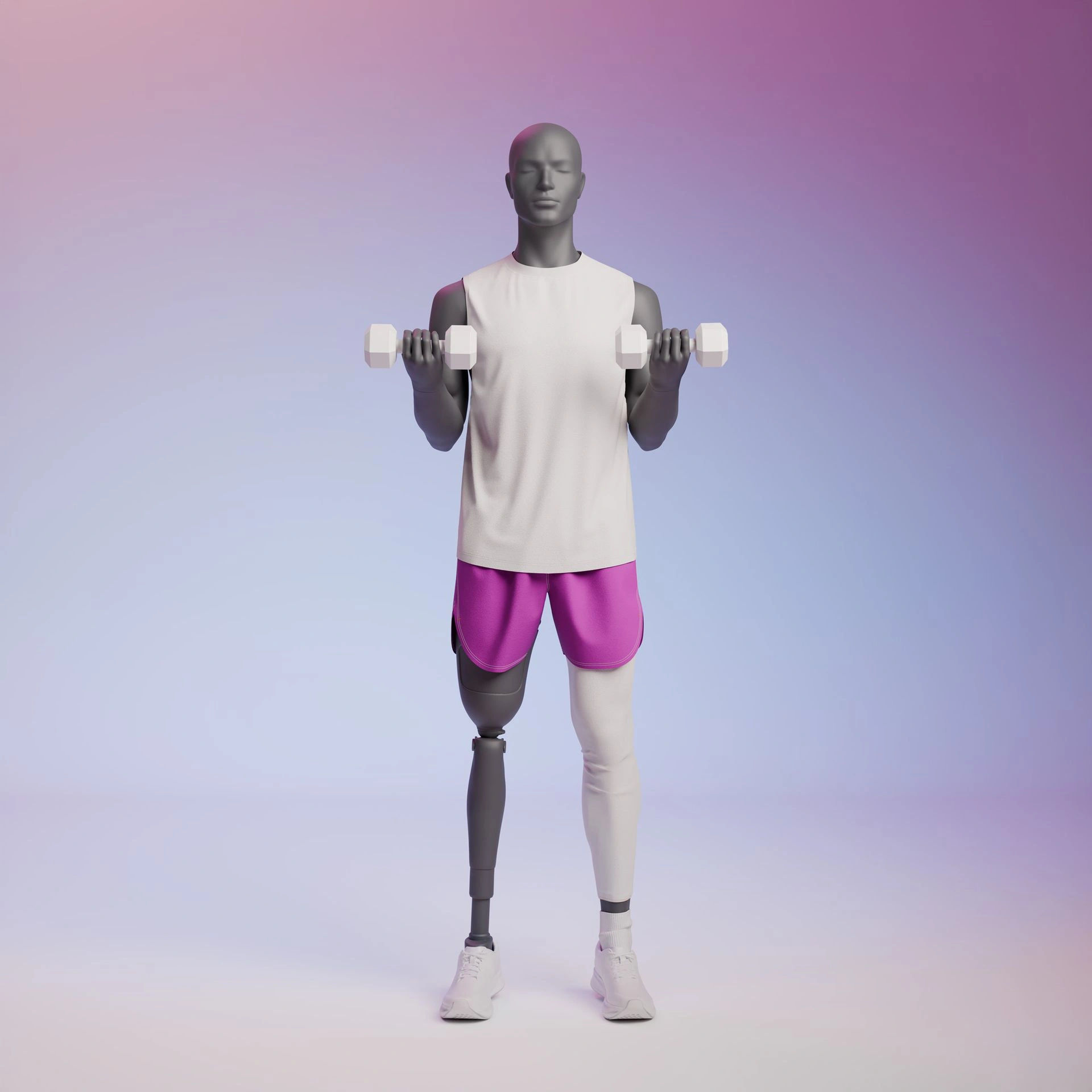 BINK - Fitness sport mannequin with prosthetic leg, graphite grey, stylised head, standing pose 419