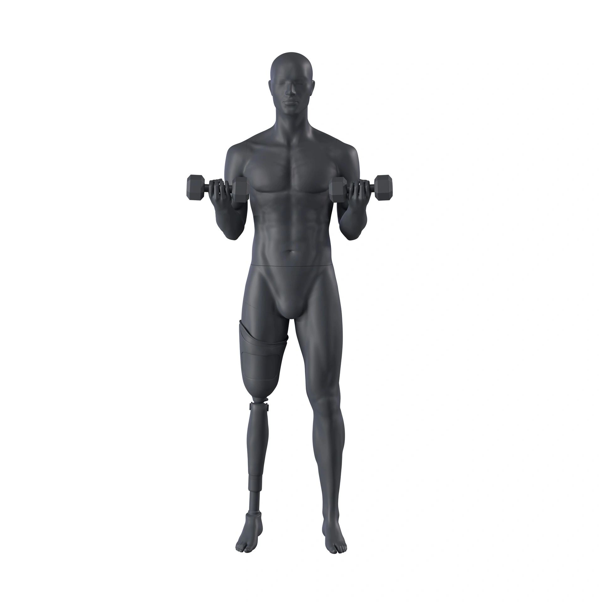 BINK - Fitness sport mannequin with prosthetic leg, graphite grey, stylised head, standing pose 419