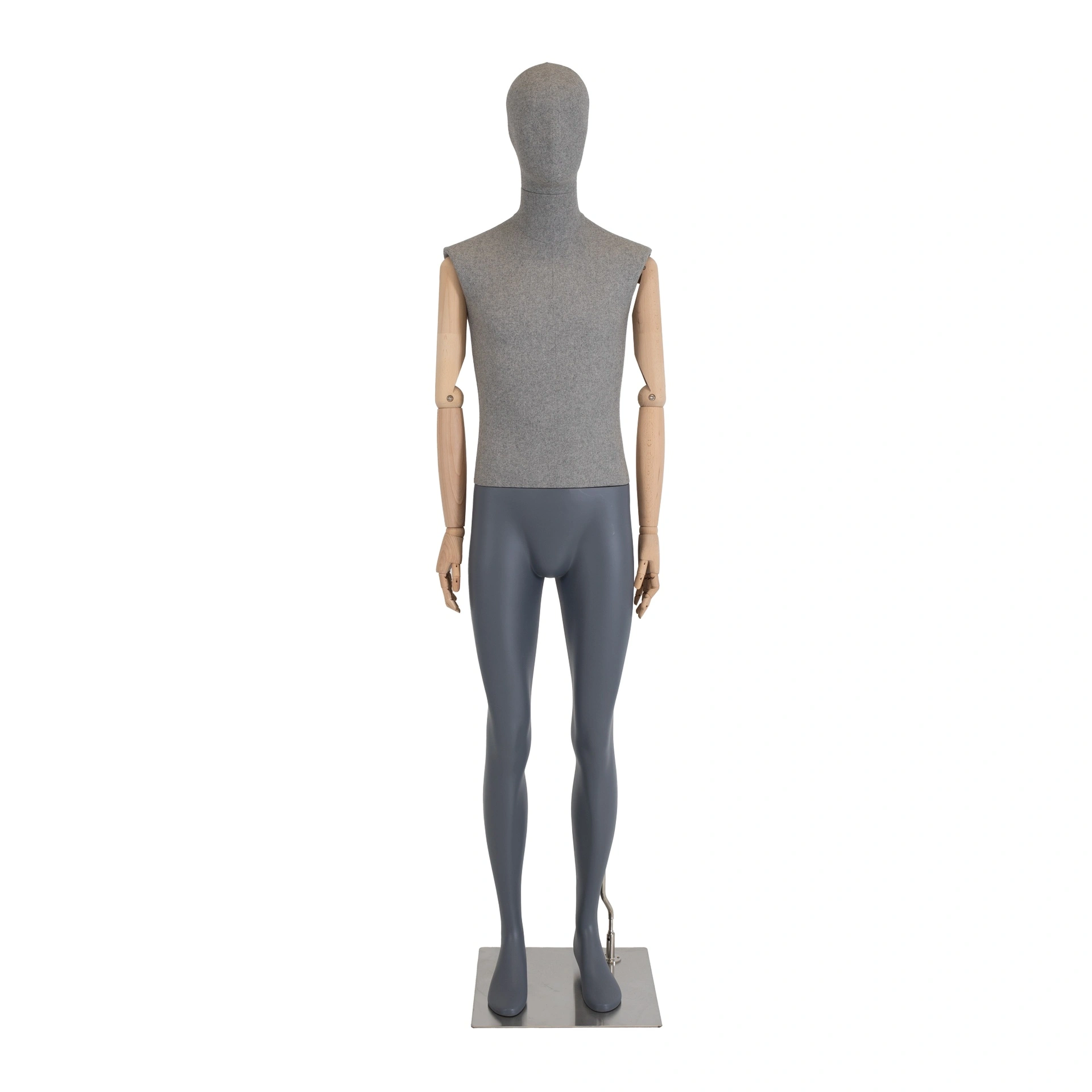 BINK - Mannequin homme, recouvert de tissu, gris, bras en bois, socle en métal